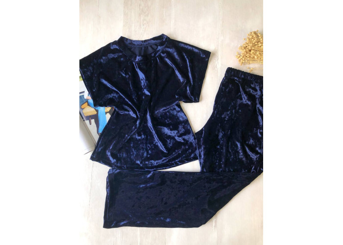 Пижама женская велюровая футболка штаны темно-синяя